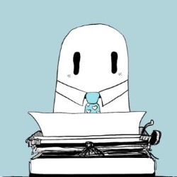 Promotional art for the show Dead End Job. A cartoon of a cute ghost sitting at a typewriter with a shirt and tie, looking like an office worker. The background is pale blue.