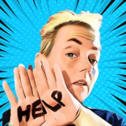 Kelli Dunham's promo photo, featuring a close-up of a person with short blonde hair with their hands raised protectively over their face. The word "HELP" is written on their hands. The background is blue with speed lines.